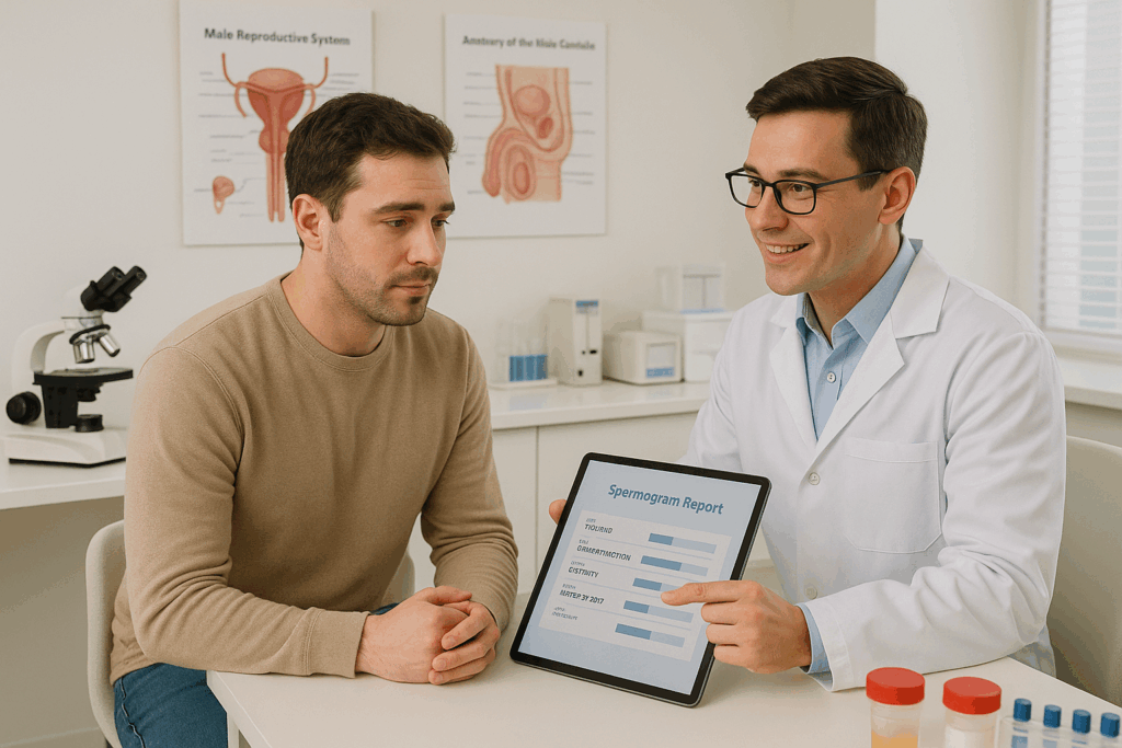 Male patient reviewing spermogram test results with a lab technician in a modern fertility clinic abroad, highlighting comfort and professionalism.