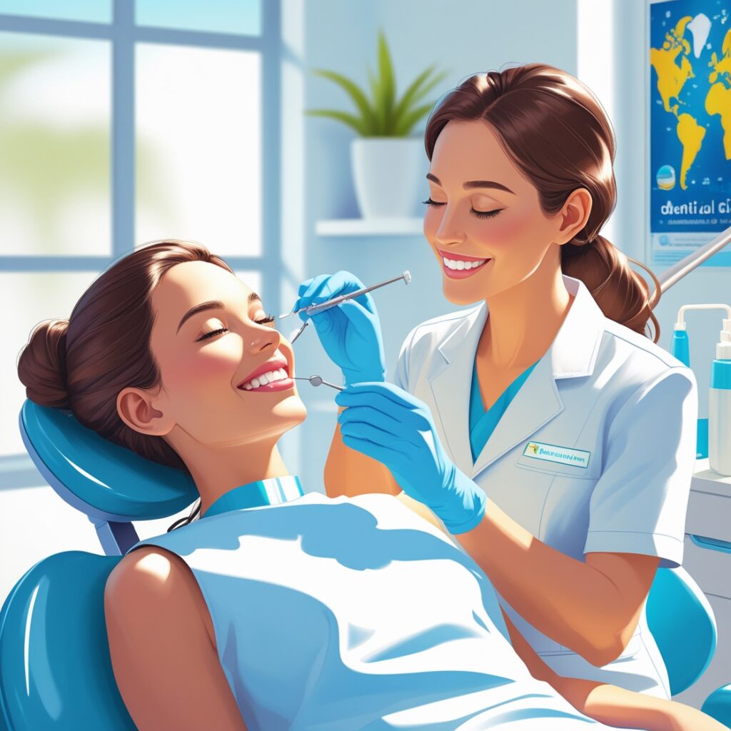 A patient getting composite veneers at a modern dental clinic abroad, assisted by a professional dentist in a bright and welcoming setting.