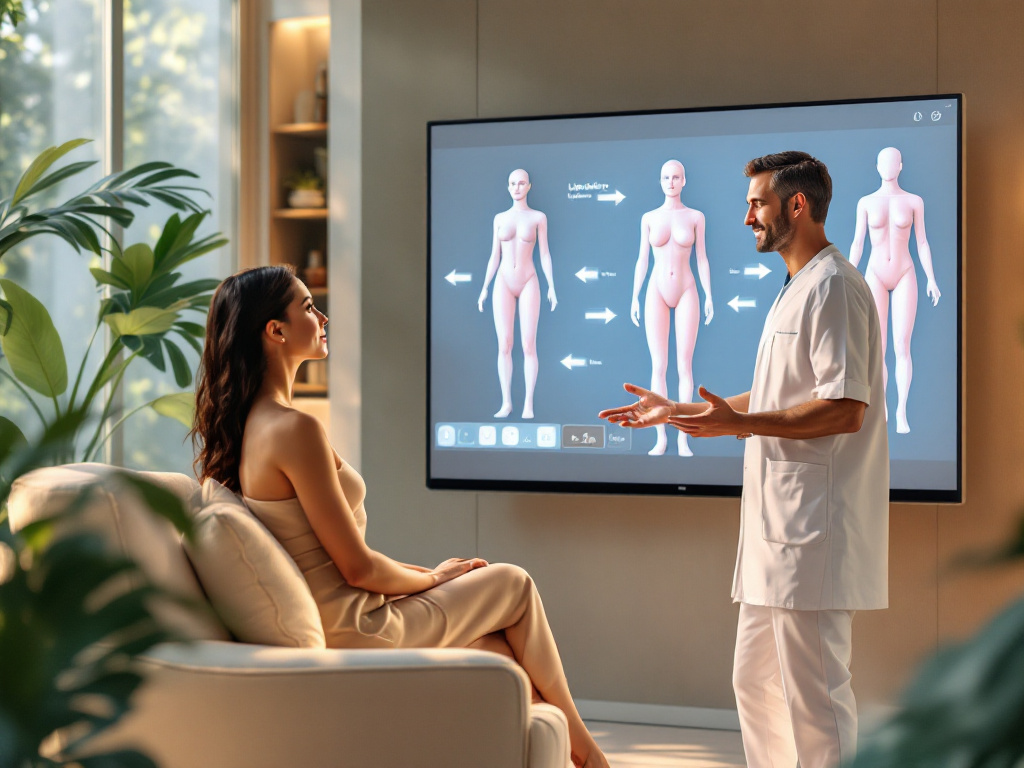 A patient discusses natural lipofilling fat transfer with a surgeon at a safe, modern clinic abroad.