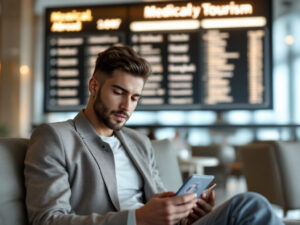 Young traveler at airport lounge holding passport and medical brochure, researching rhinoplasty abroad before departure.