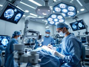 Neurosurgeon performing glioma removal surgery in a modern operating room with brain imaging monitors and advanced equipment.