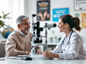 An ophthalmologist examining a patient’s eyes in a modern clinic abroad, symbolizing expert and affordable glaucoma treatment to protect vision early.